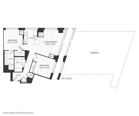 Floor plan for 2 beds, 2 baths, 1113 sqft
