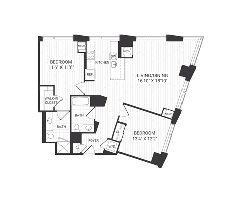 Floor plan for 2 beds, 2 baths, 1181 sqft