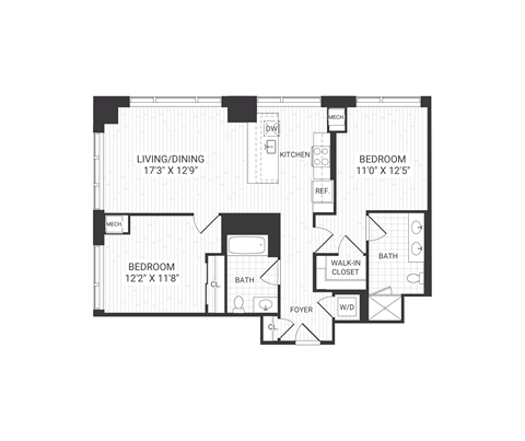 Floor plan for 2 beds, 2 baths, 1120 sqft