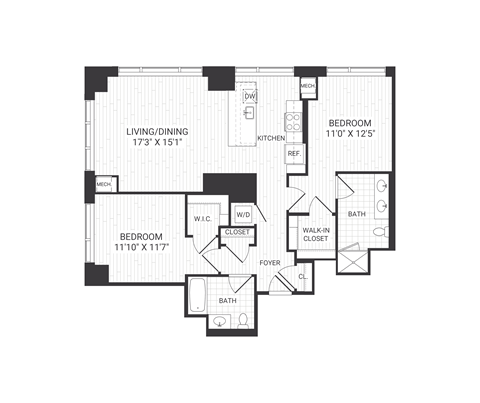 Floor plan for 2 beds, 2 baths, 1210 sqft