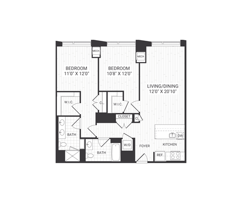 Floor plan for 2 beds, 2 baths, 1133 sqft