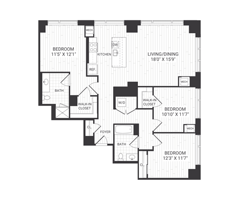 Floor plan for 3 beds, 2 baths, 1411 sqft
