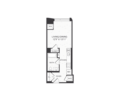 Floor plan for studio, 1 bath, 444 sqft