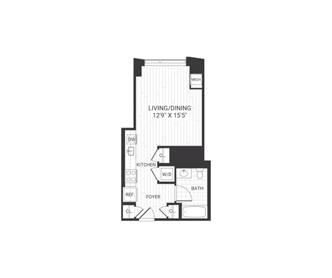 Floor plan for studio, 1 bath, 464 sqft