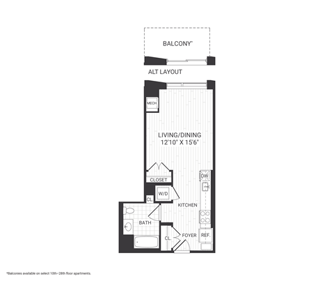 Floor plan for studio, 1 bath, 478 sqft