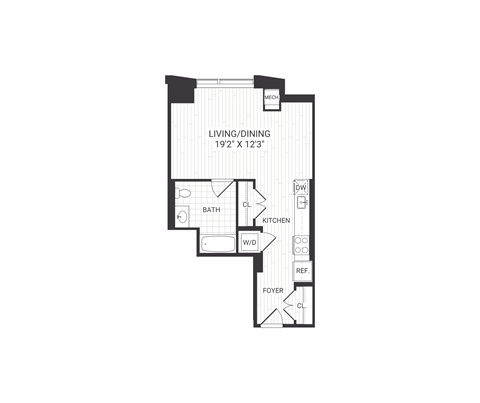 Floor plan for studio, 1 bath, 527 sqft