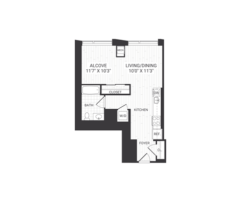 Floor plan for studio, 1 bath, 582 sqft