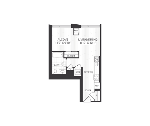 Floor plan for studio, 1 bath, 545 sqft