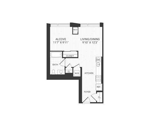 Floor plan for studio, 1 bath, 575 sqft