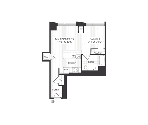 Floor plan for studio, 1 bath, 606 sqft