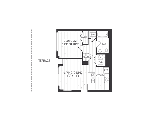 Floor plan for 1 bed, 1 bath, 650 sqft