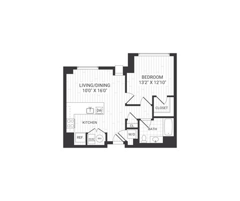 Floor plan for 1 bed, 1 bath, 715 sqft