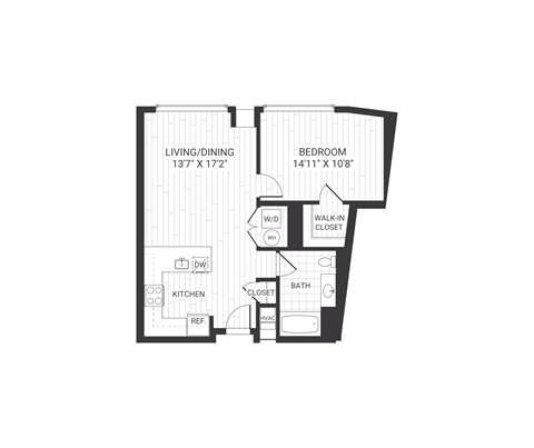 Floor plan for 1 bed, 1 bath, 731 sqft