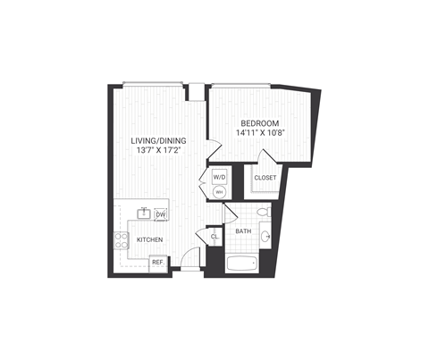 Floor plan for 1 bed, 1 bath, 765 sqft