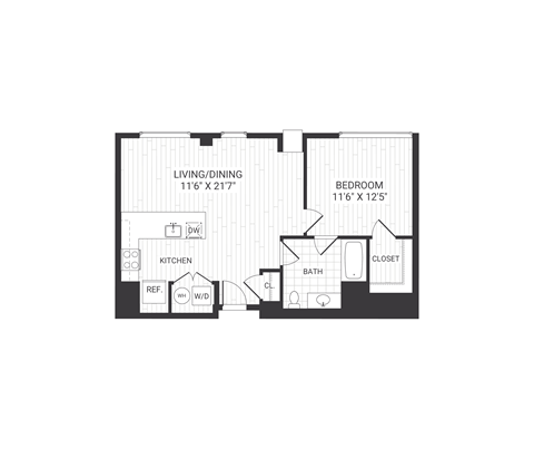 Floor plan for 1 bed, 1 bath, 775 sqft