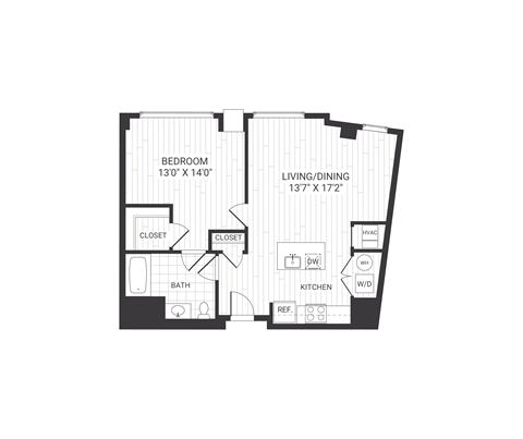 Floor plan for 1 bed, 1 bath, 775 sqft