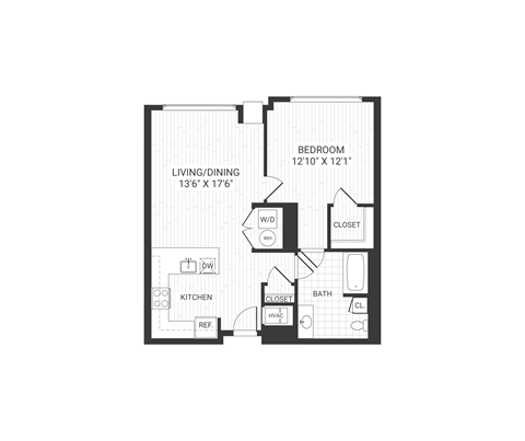 Floor plan for 1 bed, 1 bath, 829 sqft