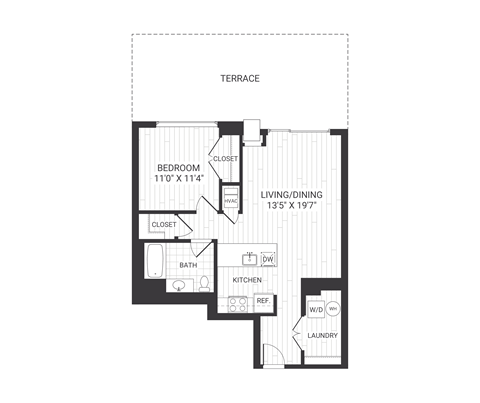 Floor plan for 1 bed, 1 bath, 815 sqft