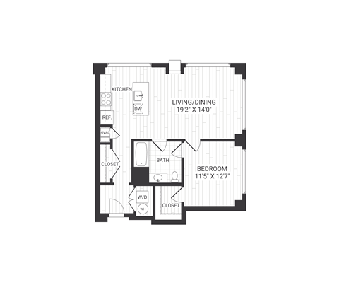 Floor plan for 1 bed, 1 bath, 890 sqft
