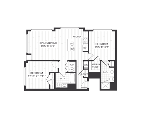 Floor plan for 2 beds, 2 baths, 1053 sqft