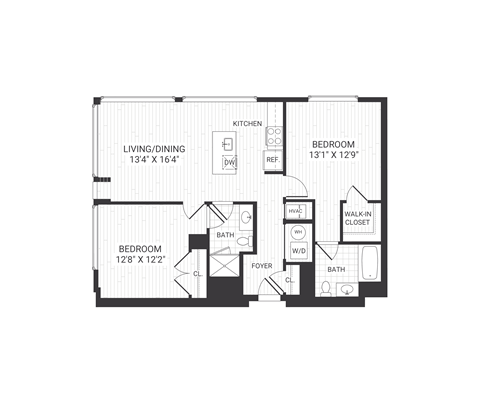 Floor plan for 2 beds, 2 baths, 1089 sqft