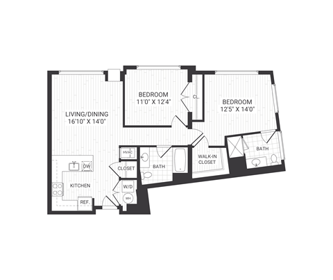 Floor plan for 2 beds, 2 baths, 1135 sqft
