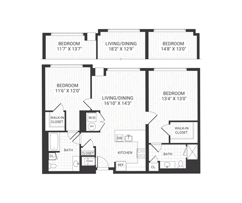 Floor plan for 2 beds, 2 baths, 1218 sqft