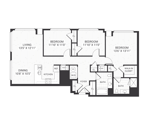 Floor plan for 3 beds, 2 baths, 1517 sqft