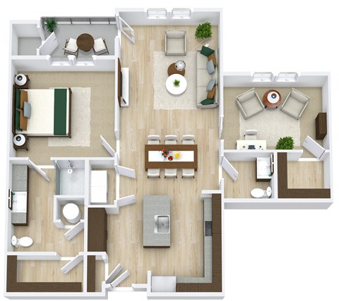 Floor plan for 1 bed, 1.5 baths, 1058 sqft