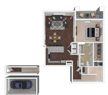 Floor plan for 1 bed, 1 bath, 888 sqft