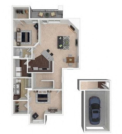 Floor plan for 2 beds, 2 baths, 1377 sqft