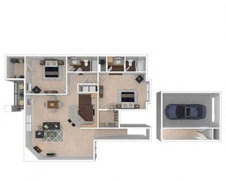 Floor plan for 2 beds, 2 baths, 1270 sqft