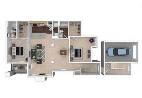 Floor plan for 2 beds, 2 baths, 1397 sqft