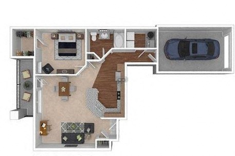 Floor plan for 1 bed, 1 bath, 879 sqft