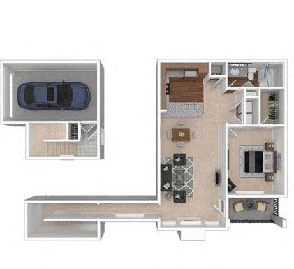 Floor plan for 1 bed, 1 bath, 989 sqft