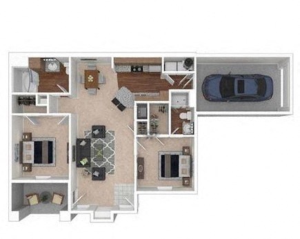 Floor plan for 2 beds, 2 baths, 1105 sqft