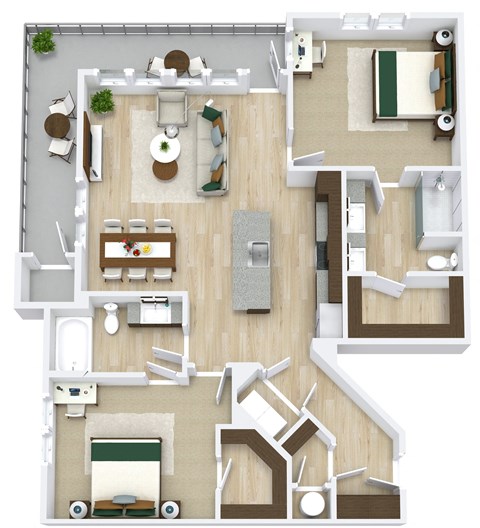 Floor plan for 2 beds, 2 baths, 1279 sqft