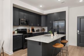 Lenexa apartment for rent - a kitchen with a marble counter top and black cabinets