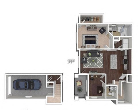 Floor plan for 1 bed, 1.5 baths, 995 sqft
