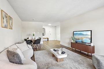 Cherry Hill apartment for rent - A living room with a grey sofa, a grey rug, a wooden coffee table, a television, a dining table with chairs, and a painting on the wall.