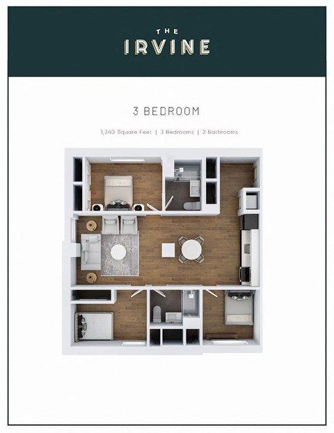 Floor plan for 3 beds, 2 baths, 1340 sqft