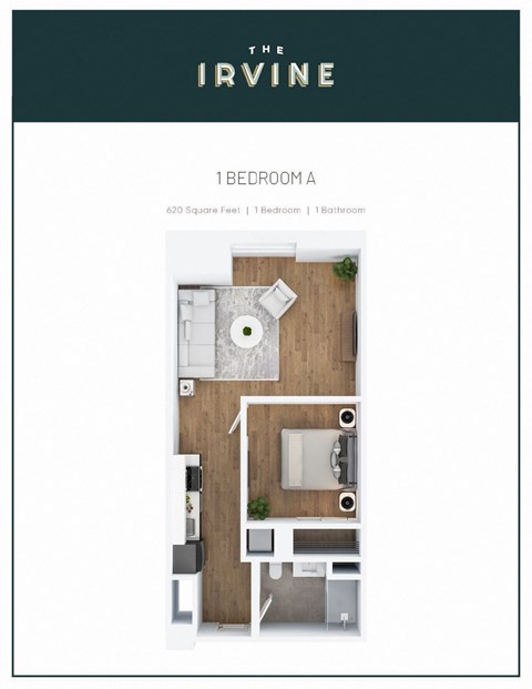 Floor plan for 1 bed, 1 bath, 620 sqft