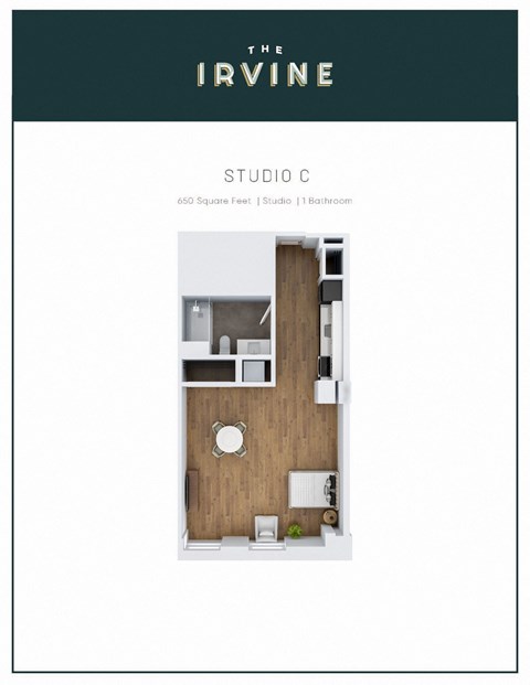 Floor plan for studio, 1 bath, 580 sqft