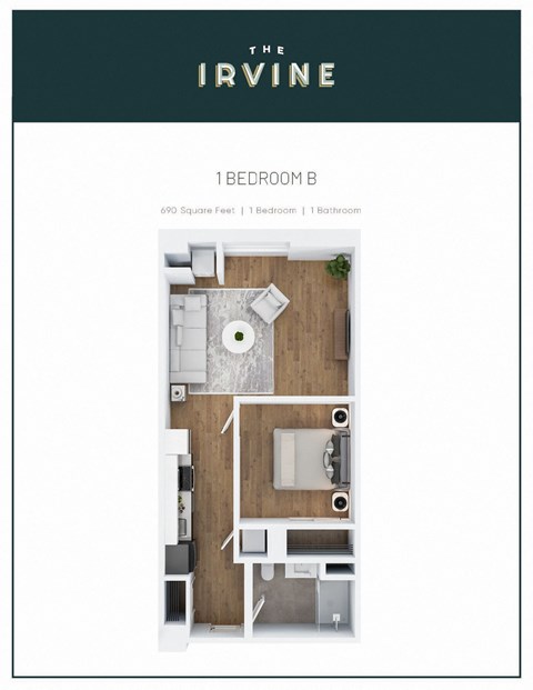 Floor plan for 1 bed, 1 bath, 690 sqft