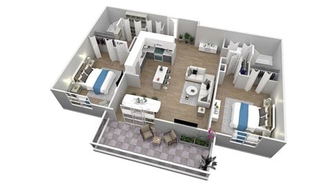 Floor plan for 1 bed, 2 baths, 985 sqft