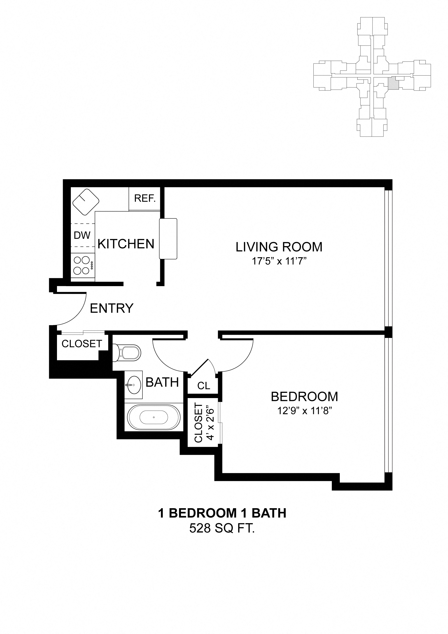 Floor plan for 1 bed, 1 bath, 528 sqft