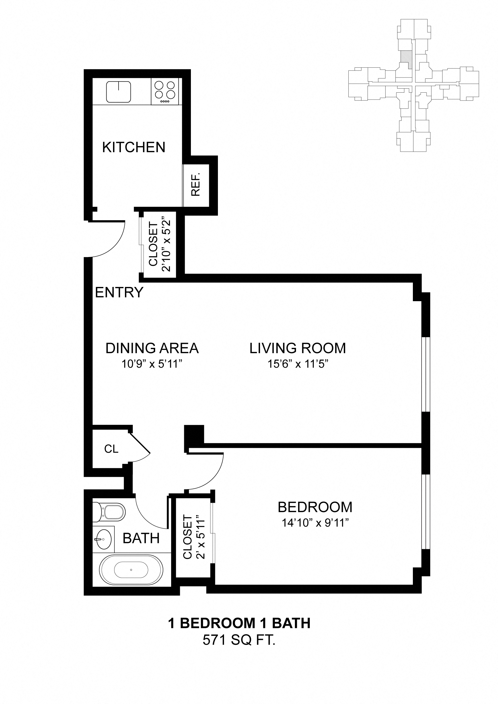 Floor plan for 1 bed, 1 bath, 571 sqft