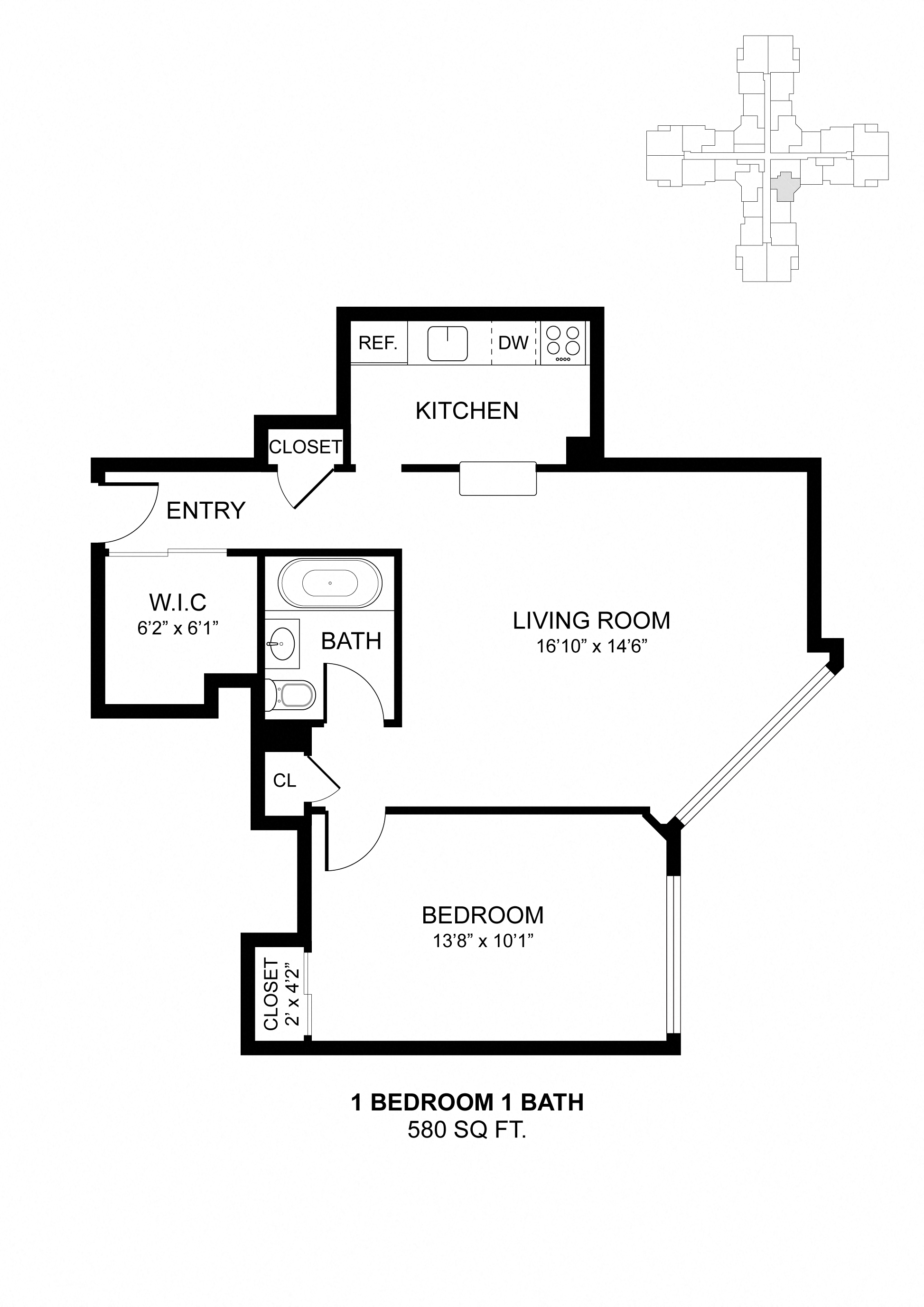 Floor plan for 1 bed, 1 bath, 580 sqft