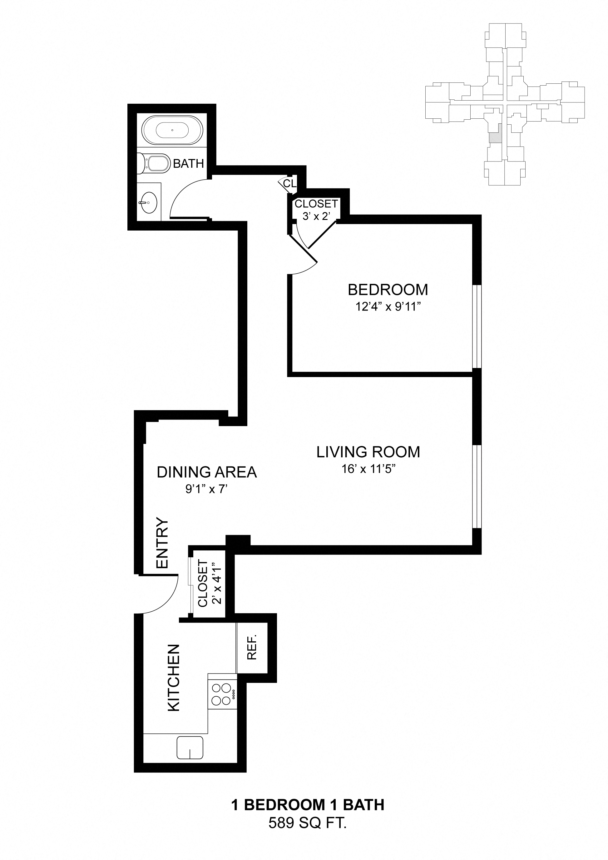 Floor plan for 1 bed, 1 bath, 510 sqft