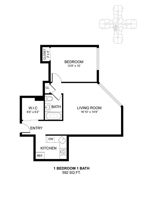Floor plan for 1 bed, 1 bath, 592 sqft